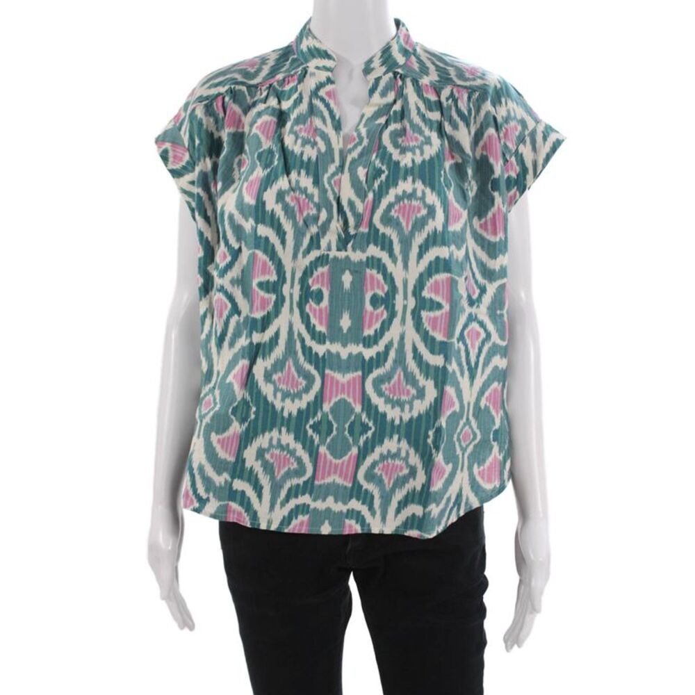 See U Soon Womens Green Geometric Bohemian Short Sleeve Blouse Size M